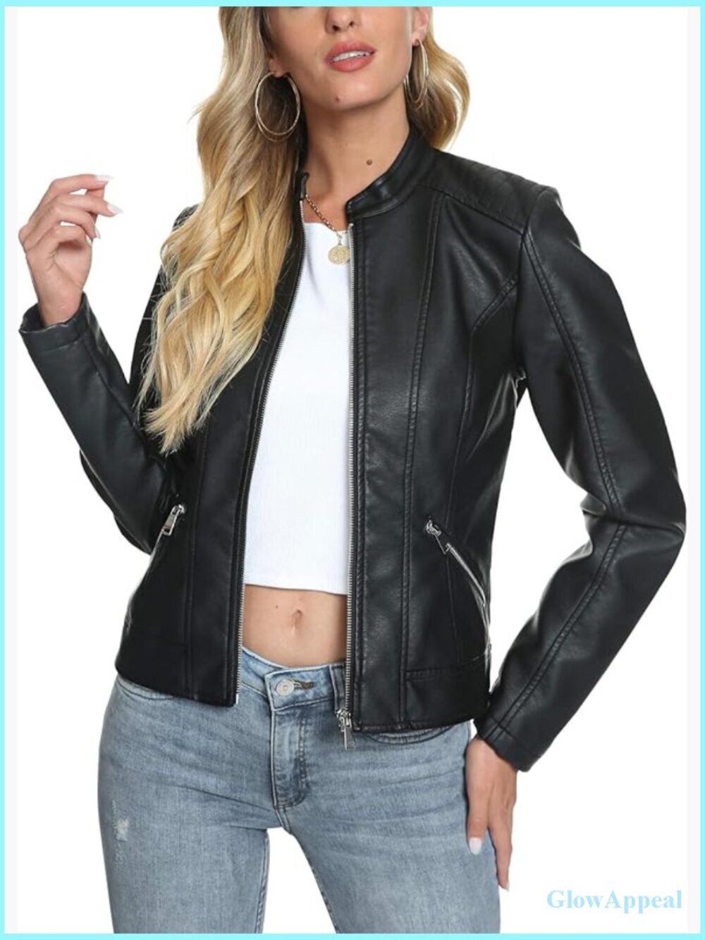 Faux Leather Moto Jacket with Zip Closure, Slim Fit, Stand Collar
